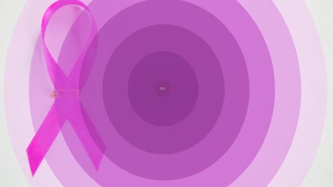 Animation-of-pink-ribbon,-moving-purple-circles-and-breast-cancer-awareness-on-white-background