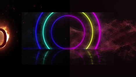 Animation-of-colorful-neon-circles-and-burning-number-on-black-background