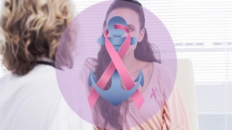 Animation-of-anchor-and-pink-ribbon-over-caucasian-woman-and-female-doctor