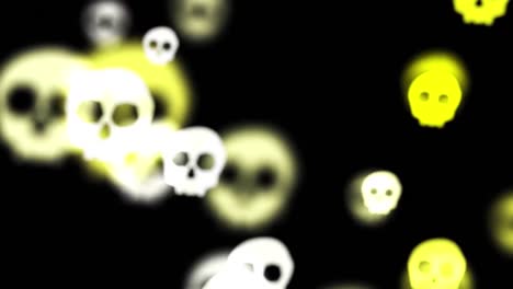 Animation-of-scary-halloween-falling-yellow-skulls-over-black-background