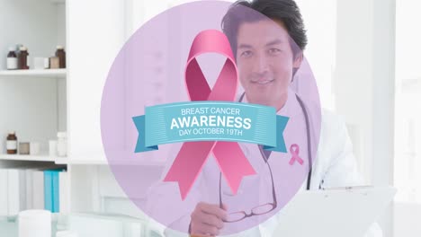 Animation-of-breast-cancer-awareness-and-pink-ribbon-over-asias-male-doctor