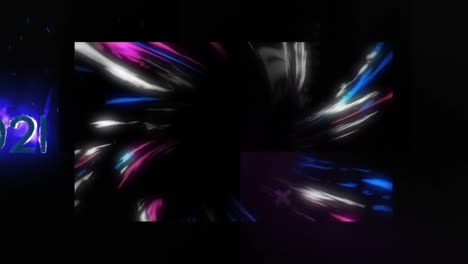Animation-of-colorful-moving-lines-and-burning-number-on-black-background