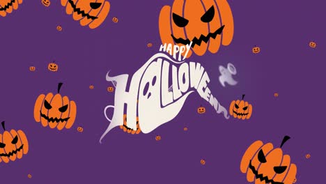Animation-of-happy-halloween-text-over-falling-pumpkins-on-purple-background