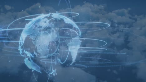 Animation-of-network-of-connections-with-globe-over-clouds-in-background
