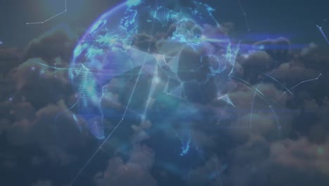 Animation-Des-Netzwerks-Von-Verbindungen-Mit-Dem-Globus-über-Wolken-Im-Hintergrund