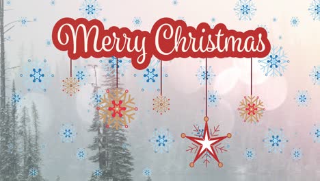 Animation-of-merry-christmas-text-over-winter-scenery-with-fir-trees