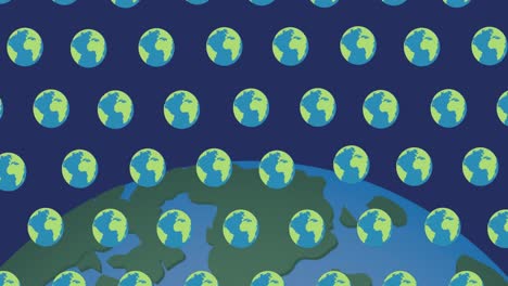 Animation-of-globes-moving-over-big-globe-on-dark-blue-background
