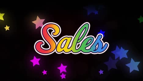 Digital-animation-of-colorful-sales-text-banner-against-multiple-stars-icons-on-black-background