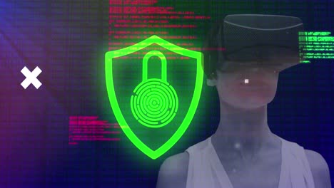 Security-padlock-and-shield-icon-against-abstract-shapes-over-woman-wearing-vr-headset
