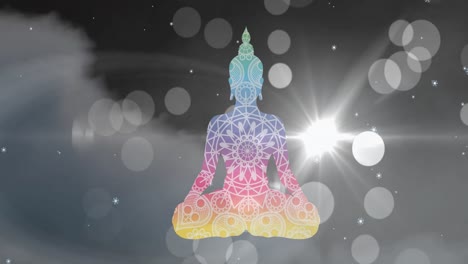 Animation-of-colourful-buddha-statue-over-snow-falling,-clouds-and-bokeh-lights