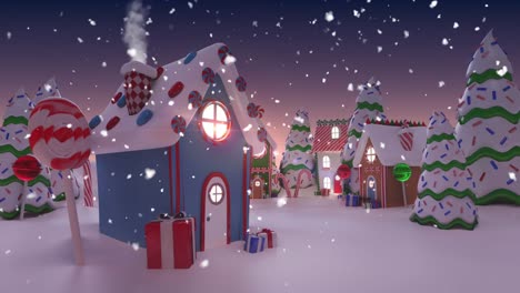 Animation-Einer-Weihnachtlichen-Winterlandschaft-Mit-Dekorierten-Häusern