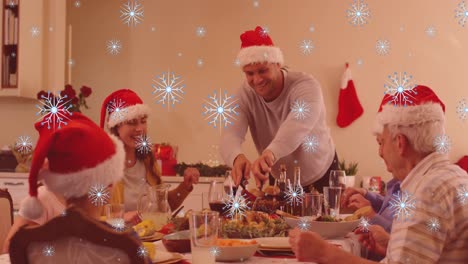 Animation-of-snow-falling-over-happy-caucasian-family-during-dinner-at-christmas
