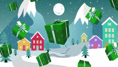 Animation-Von-Geschenken-über-Der-Weihnachtlichen-Winterlandschaft