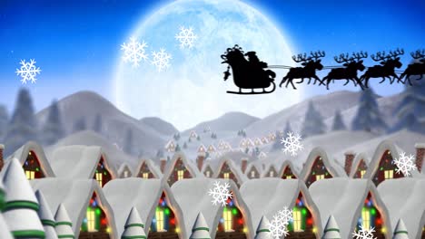 Animation-of-santa-in-sleigh-over-christmas-winter-scenery-with-decorated-houses