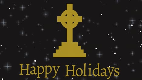 Animation-of-christmas-greetings-with-cross-and-stars-falling-on-black
