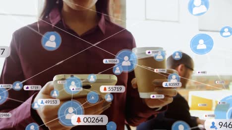 Animation-of-network-of-connection-with-icons-over-woman-using-smartphone