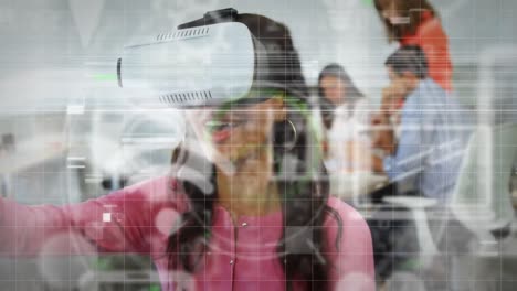 Animation-of-social-media-icons-and-data-processing-over-mixed-race-woman-wearing-vr-headset