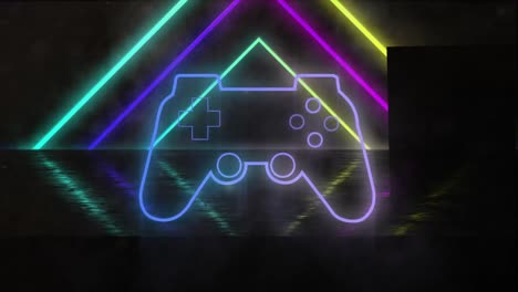 Animation-of-gamepad-over-neon-shapes-on-black-background