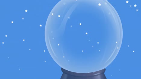 Animation-of-snow-falling-over-christmas-snow-globe-on-blue-background