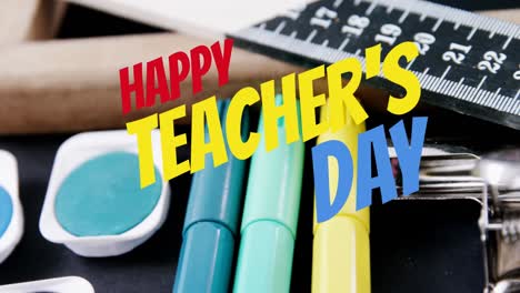 Animation-of-happy-teachers-day-text-over-school-items