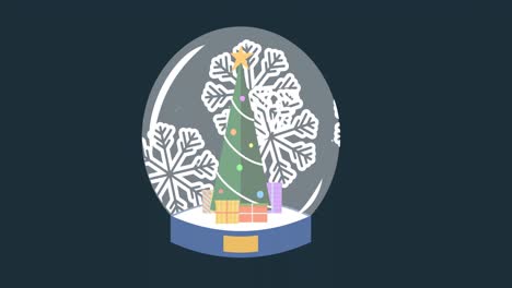 Animation-of-christmas-snow-globe-with-christmas-tree-and-snowflakes-on-grey-background
