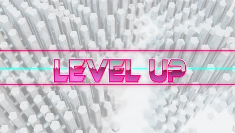 Animation-of-level-up-text-over-white-3d-geometrical-moving-shapes