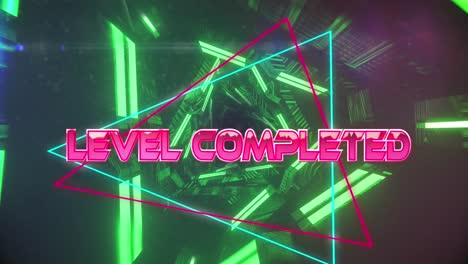 Animation-of-level-completed-text-over-green-moving-geometrical-shapes