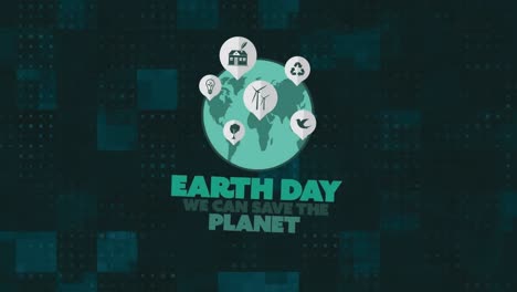 Animation-Von-Erde-Und-Globus-Mit-Symbolen-Auf-Dunklem-Hintergrund