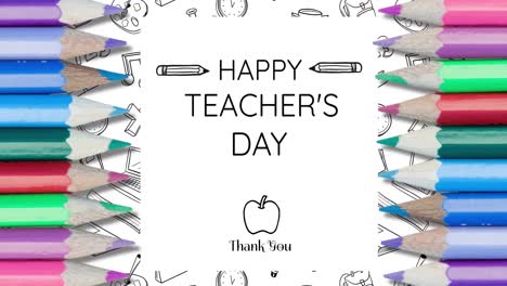 Animation-of-happy-teachers-day-text-over-school-items-icons-and-pencils
