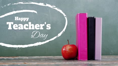 Animation-of-happy-teachers-day-text-over-books-and-apple