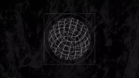 Digital-animation-of-abstract-changing-geometrical-shapes-over-spinning-globe-on-black-background
