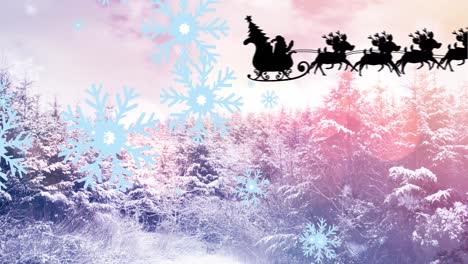 Animation-of-santa-in-sleigh-over-christmas-winter-scenery