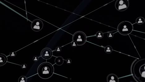 Animation-of-networks-of-connections-with-icons-over-black-background