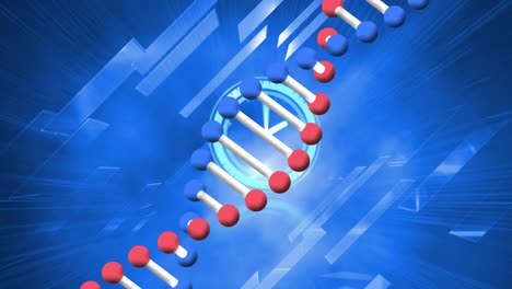 Animation-of-dna-strand-and-moving-clock-over-blue-squares-on-black-background