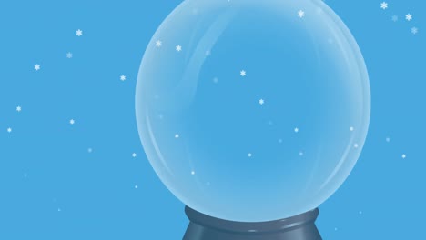 Animation-of-snow-falling-over-christmas-snow-globe-on-blue-background