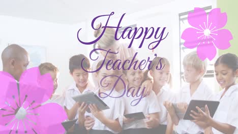 Animation-of-happy-teachers-day-text-over-diverse-schoolchildren-smiling-and-flower-icons