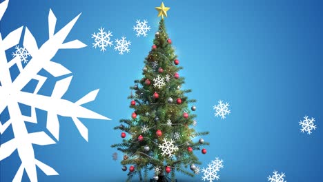 Animación-Del-árbol-De-Navidad-Y-Nieve-Cayendo-Sobre-Fondo-Azul