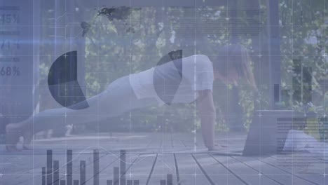 Animation-of-financial-data-processing-over-caucasian-woman-practicing-yoga-at-home