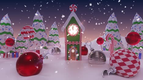 Animation-of-christmas-winter-scenery-with-decorated-trees-and-house