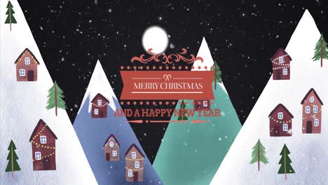 Animation-of-merry-christmas-text-over-winter-scenery-with-decorated-houses