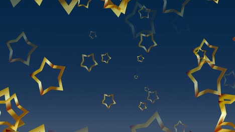Animation-Von-Goldenen-Weihnachtssternen,-Die-Auf-Blauen-Hintergrund-Fallen