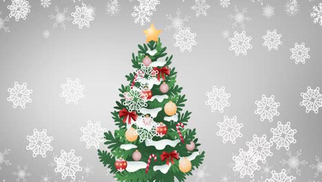 Animation-Von-Weihnachtsbaum-Und-Schnee,-Der-Auf-Weißen-Hintergrund-Fällt