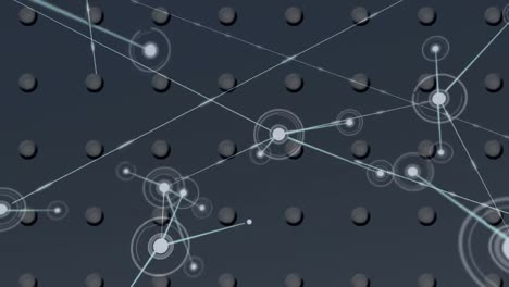 Animation-of-networks-of-connections-over-white-circles-on-grey-background
