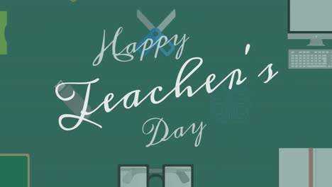 Animation-Von-Texten-Zum-Tag-Des-Glücklichen-Lehrers-über-Symbolen-Für-Schulgegenstände