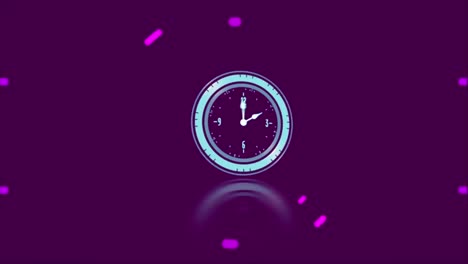 Animation-of-moving-clock-and-purple-circles-and-shapes-over-office-in-background