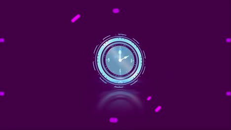 Animation-of-moving-clock-and-purple-circles-and-shapes-moving-over-office-in-background