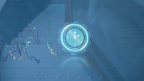 Animation-of-moving-clock-and-statistic-data-processing-over-stairs-in-background