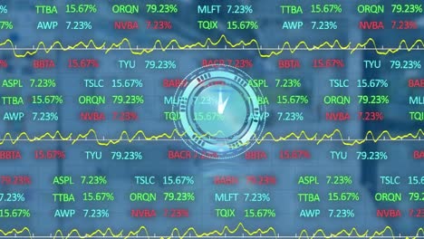 Animation-of-moving-clock-and-financial-data-processing-over-blue-background