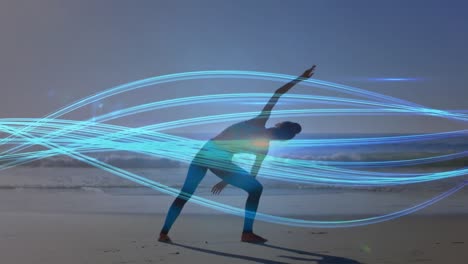 Animation-of-blue-lines-over-caucasian-woman-praciticing-yoga-on-beach