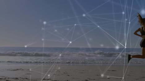 Animation-of-networks-of-connections-over-caucasian-woman-running-on-beach